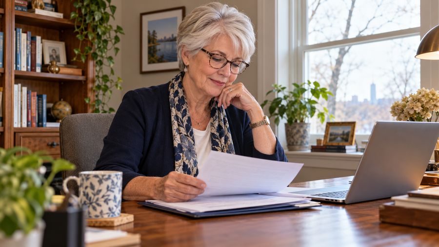 An experienced agency owner reviewing documents at her desk